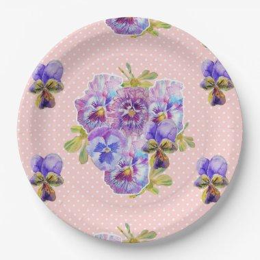 Pink Pansy dot Flowers Pattern Paper Party Plate