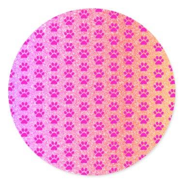 Pink Paw Prints Rose Gold Glitter Cute Girly Decor Classic Round Sticker