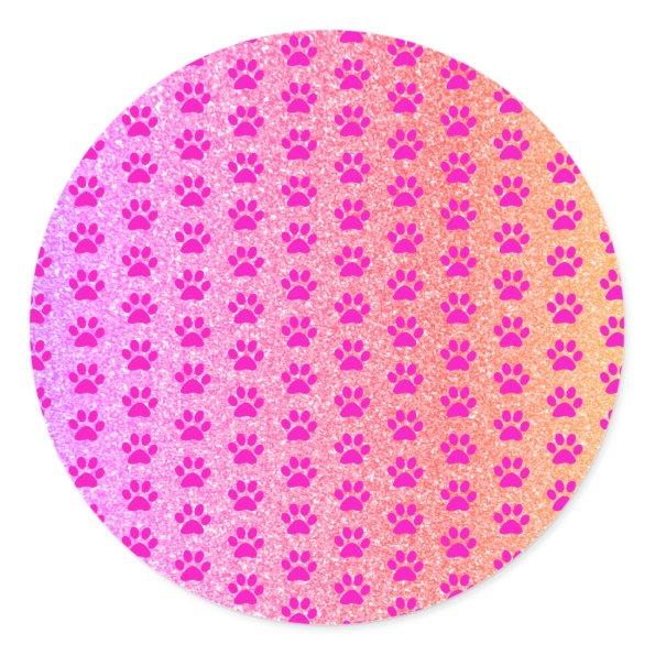 Pink Paw Prints Rose Gold Glitter Cute Girly Decor Classic Round Sticker