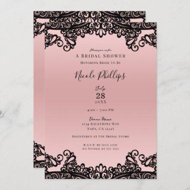 Pink Peach Black Ink Lace Elegant Bridal Shower  Invitations