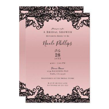 Pink Peach Black Ink Lace Elegant Bridal Shower  Invitations