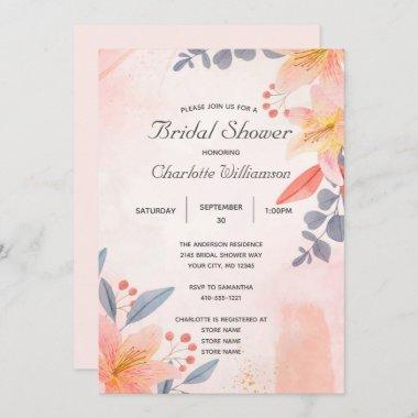 Pink Peach Blue Coral Floral Bridal Shower Invitations