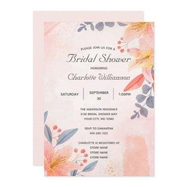 Pink Peach Blue Coral Floral Bridal Shower Invitations