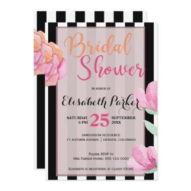 Pink peach floral black white stripe bridal shower Invitations