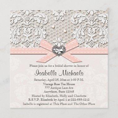 Pink Pearl Lace Diamond Bridal Shower Invitations