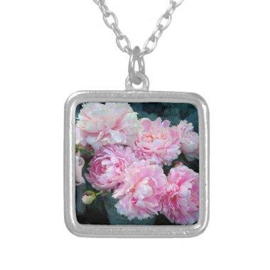 Pink Peonies Bouquet Original Art Silver Plated Necklace