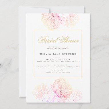 Pink Peonies Elegant Script Modern Bridal Shower Invitations