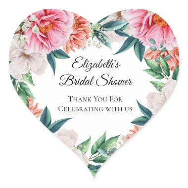 Pink Peonies Floral Eucalyptus Bridal Shower Favor Heart Sticker