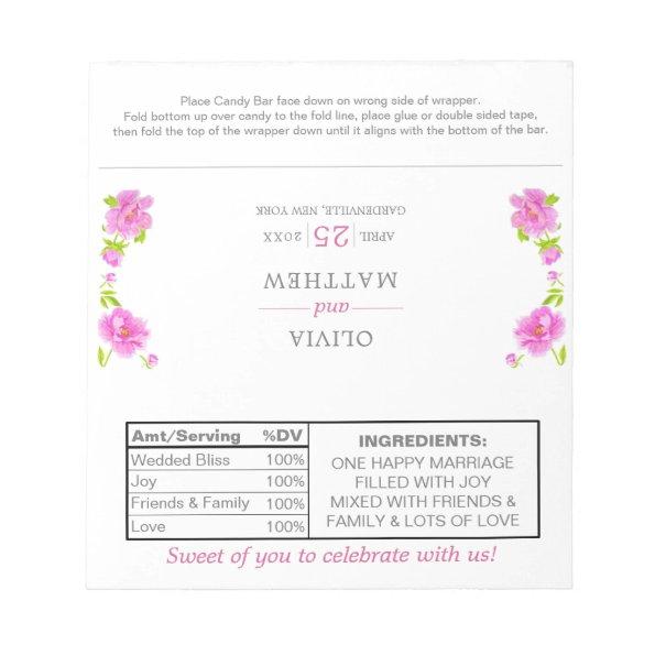 Pink Peonies Floral Wedding Candy Wrappers Notepad