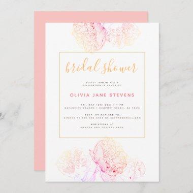 Pink Peonies Gold Elegant Modern Bridal Shower Invitations