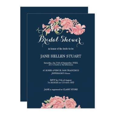 Pink peonies navy blue floral