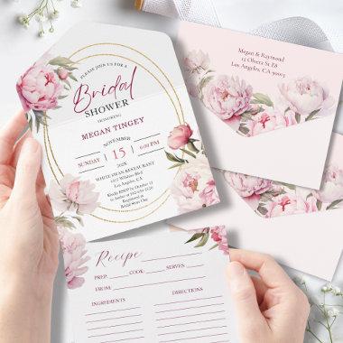 Pink Peony Floral Recipe Bridal Shower All In One Invitations