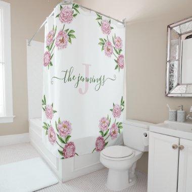 Pink Peony Monogrammed Shower Curtain