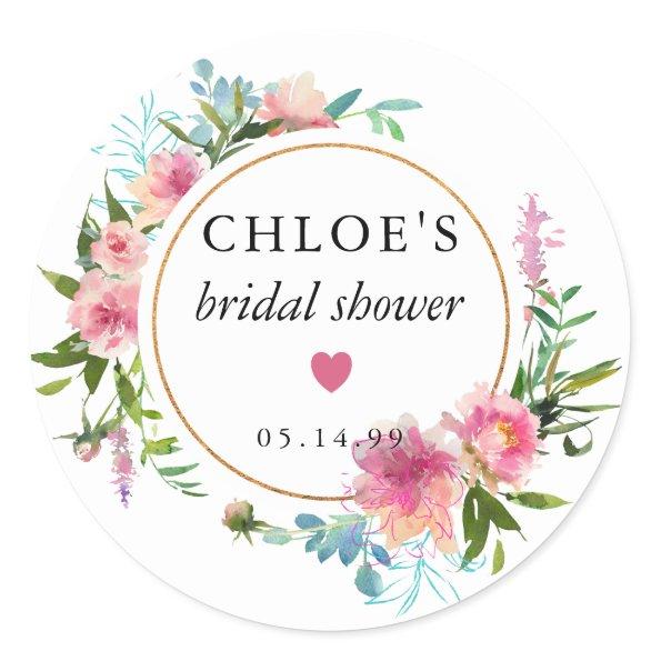 Pink Peony Watercolor Bridal Shower Favor Classic Round Sticker