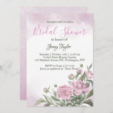 Pink Peony Watercolor Bridal Shower Invitations