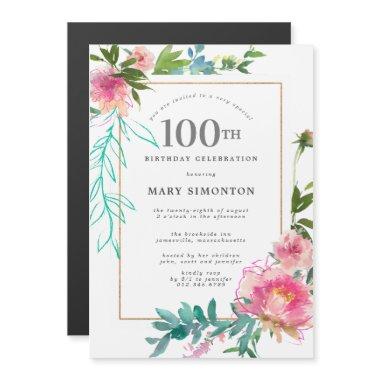 Pink Peony Watercolor Floral 100th Birthday Magnetic Invitations