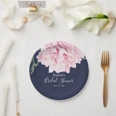 Pink Peony Watercolor Floral Navy Bridal Shower Paper Plates