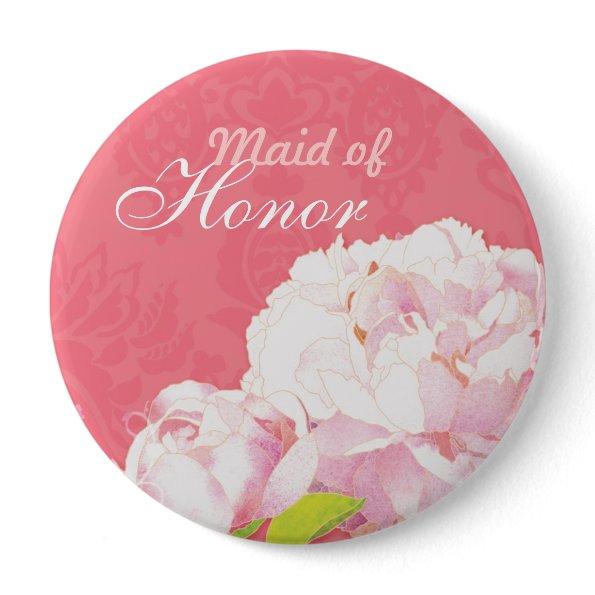 Pink Peony Wedding Maid of Honor Pinback Button