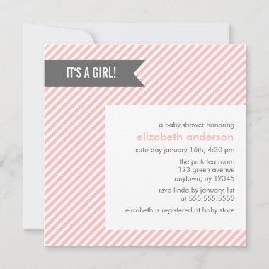 Pink Pinstripes Girl Baby Shower Invitations