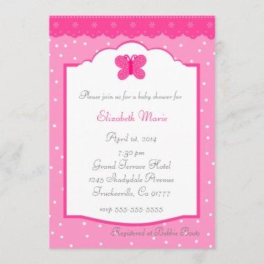 Pink Polka Dot and Butterfly Whimsical Baby Shower Invitations