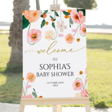 Pink Poppy Flowers Baby Shower Welcome Sign