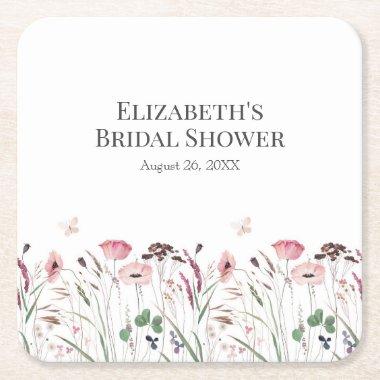 Pink Poppy Meadow Bridal Shower Square Paper Coaster