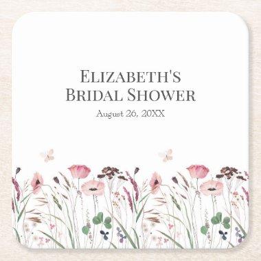 Pink Poppy Meadow  Square Paper Coaster