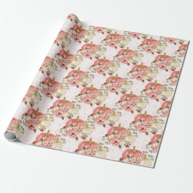 Pink Pumpkin and Flowers Gift Favor Wrapping Paper