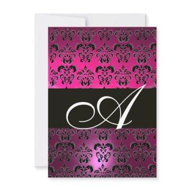 PINK PURPLE BLACK DAMASK MONOGRAM fuchsia white Invitations