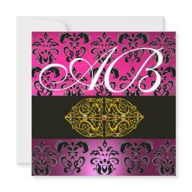 PINK PURPLE BLACK DAMASK MONOGRAM , white Invitations