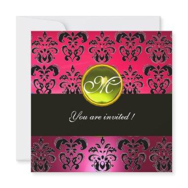 PINK PURPLE BLACK DAMASK MONOGRAM, yellow topaz Invitations