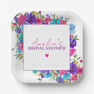 Pink Purple Blue Floral Bridal Shower Paper Plates
