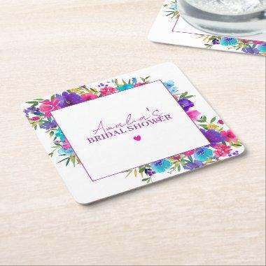 Pink Purple Blue Floral Bridal Shower Square Paper Coaster