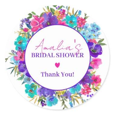 Pink Purple Blue Flower Thank You Bridal Shower Classic Round Sticker