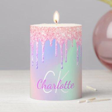 Pink purple drips holographic monogram pillar candle