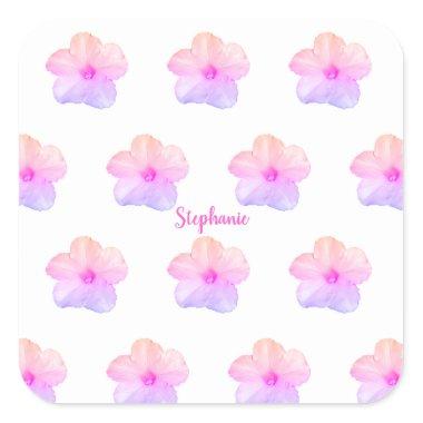 Pink Purple Floral Birthday Wedding Custom Name Square Sticker