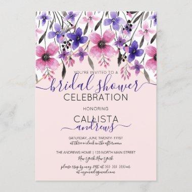 Pink Purple Floral Watercolor Bridal Shower Invitations