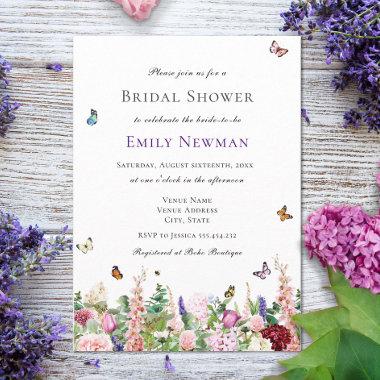 Pink Purple Flowers & Butterflies | Bridal Shower Invitations