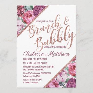 Pink Purple Flowers Rose Gold Brunch and Bubbly Invitations