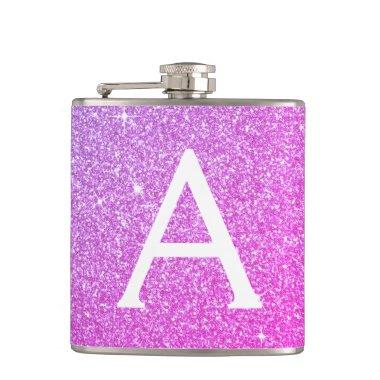 Pink Purple Glitter and Sparkle Monogram Flask