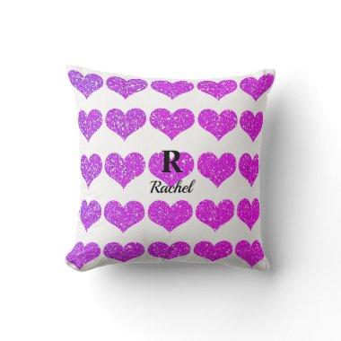 Pink Purple Glitter Valentines Day Monograms Heart Throw Pillow