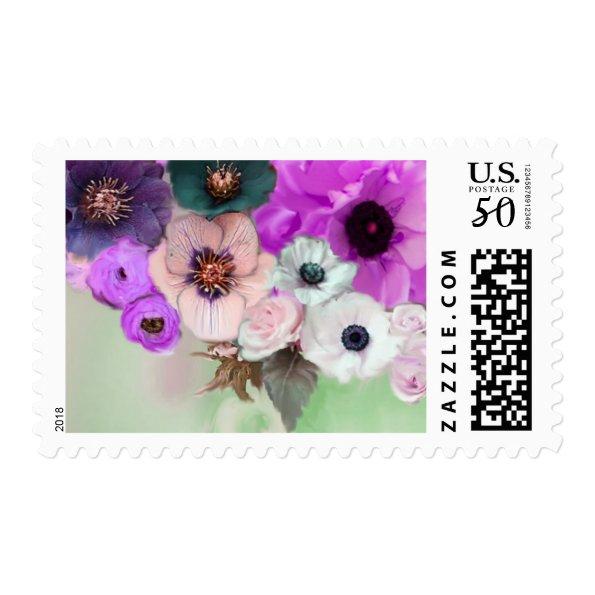 PINK PURPLE ROSES AND ANEMONE FLOWERS IN GREEN POSTAGE