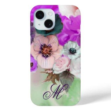 PINK PURPLE ROSES,WHITE ANEMONE FLOWERS MONOGRAM iPhone 15 CASE