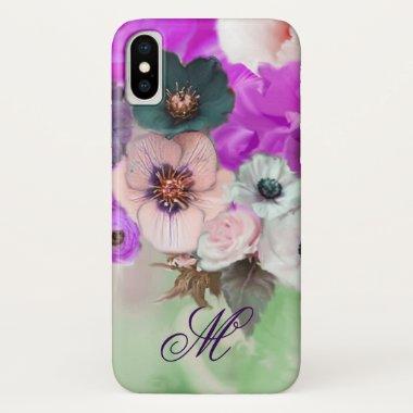 PINK PURPLE ROSES,WHITE ANEMONE FLOWERS MONOGRAM iPhone X CASE