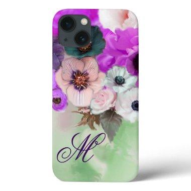 PINK PURPLE ROSES,WHITE ANEMONE FLOWERS MONOGRAM iPhone 13 CASE