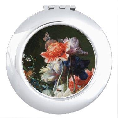 PINK RED ANEMONES WHITE FLOWERS AND BUTTERFLY COMPACT MIRROR