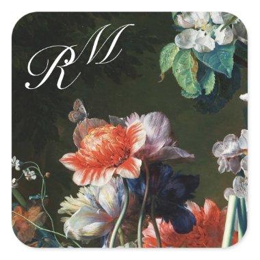 PINK RED ANEMONES WHITE FLOWERS,BUTTERFLY MONOGRAM SQUARE STICKER