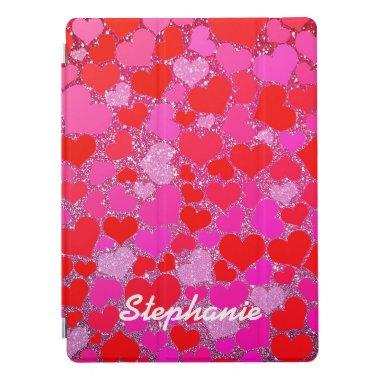 Pink Red Hearts Patterns Glitter Monogram Name iPad Pro Cover