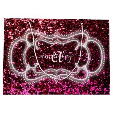 Pink Red Monogram Name Glitter Bridal Shower Large Gift Bag
