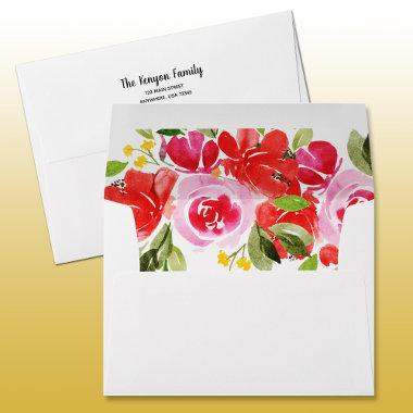 Pink Red Watercolor Flowers Envelopes 5 x 7